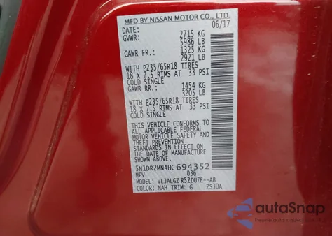 2017 Nissan Pathfinder Sl z USA, uszkodzony, nr VIN 5N1DR2MN4HC694352